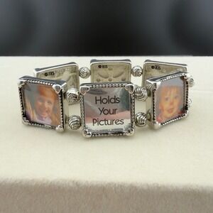 KIS Silver Tone Square Photo Frame Stretch Bracelet Keepsake Memory Jewelry